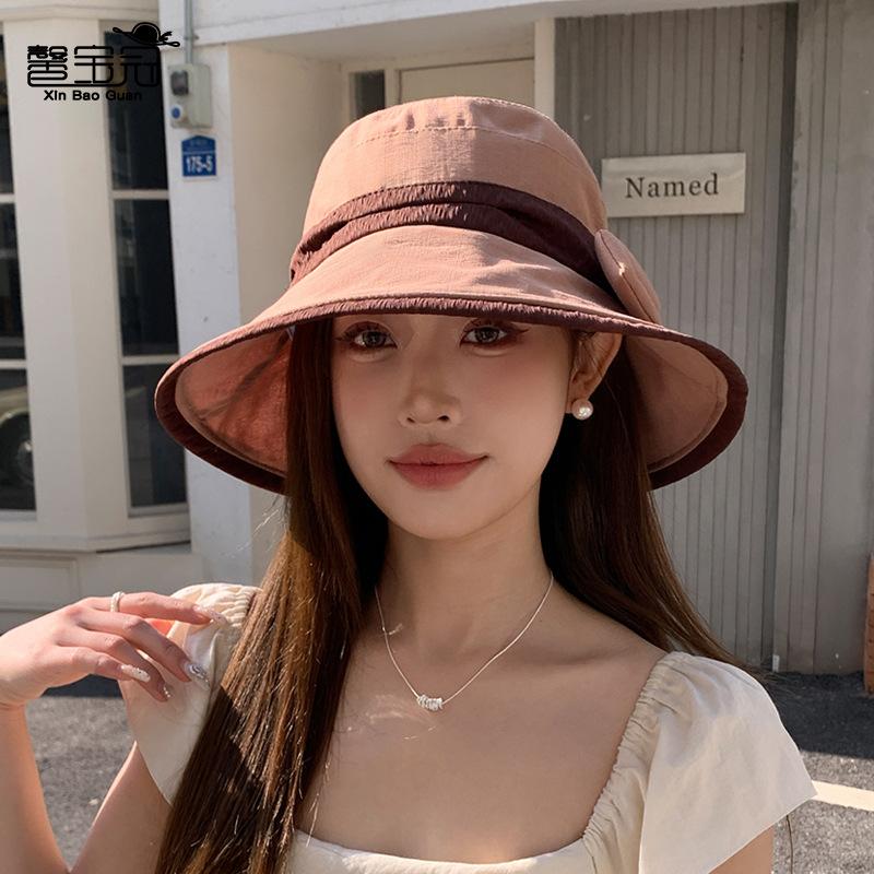 Summer face covering sun protection hat children two-color bow big brim bucket hat premium outdoor sun hat