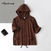 Korean Fashion Summer Women Oversized Cardigan Hooded Coffee Purple Cotton Linen Casual Loose Blouse Plus Size Vintage Ladies Thin Coat