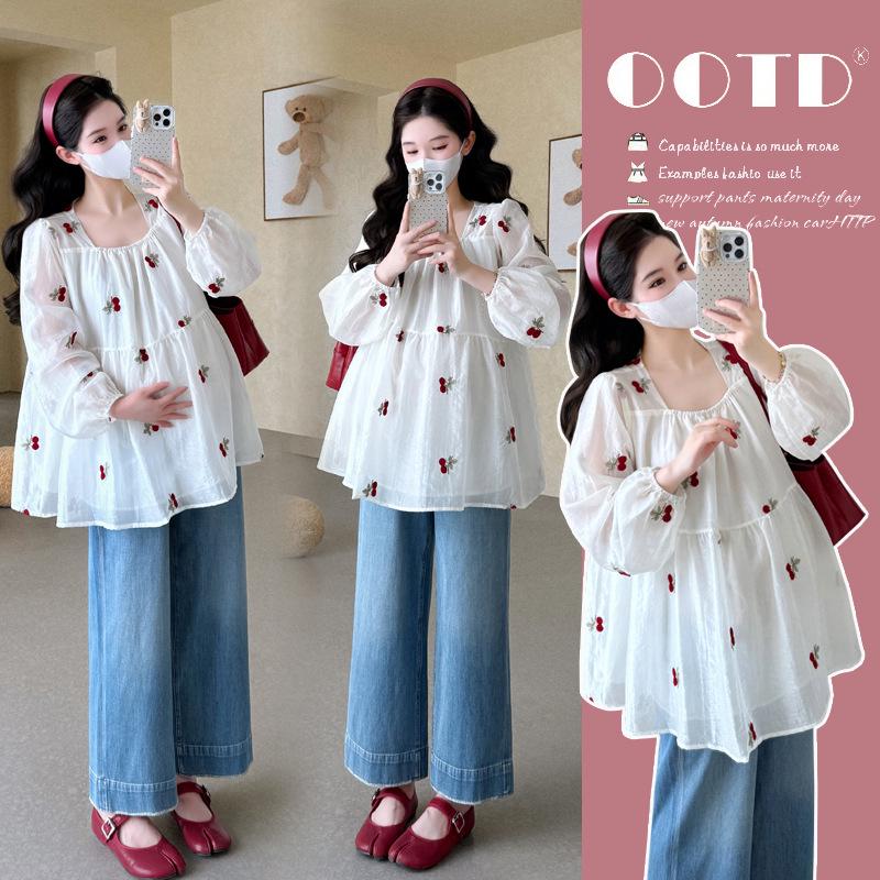 2026 Spring Korean Maternity Embroidered Long Sleeve Sweet Doll Shirt Medium
