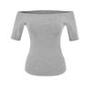 One-word collar medium-sleeved T-shirt women's summer new American Spice Girl solid color slim-fitting short bottoming top