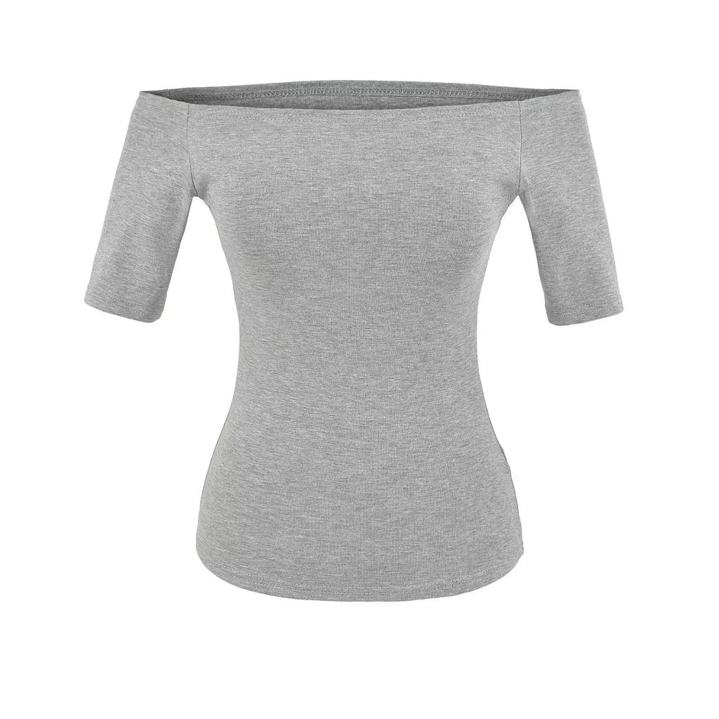 One-word collar medium-sleeved T-shirt women's summer new American Spice Girl solid color slim-fitting short bottoming top