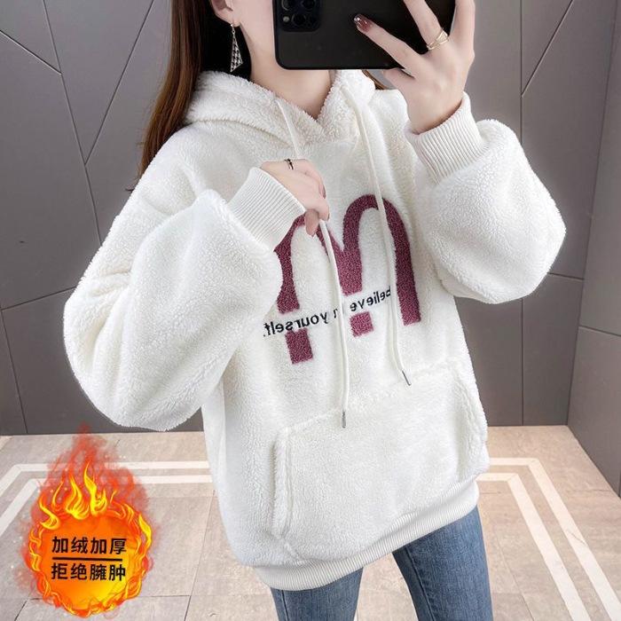 

Spot autumn and winter lamb wool hooded fleece thickened sweater female alphabet one-piece fleece top jacket tide #2081 3XL білий