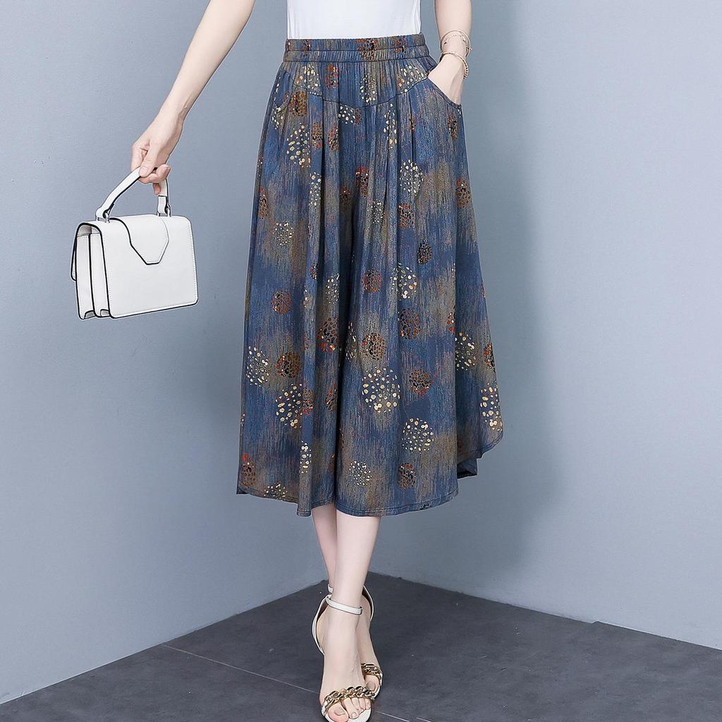 Women's Floral Cotton Silk Wide-Leg Skirt Pants - Summer Casual Elastic Waist, Plus Size, Lightweight Seven-Point Length.