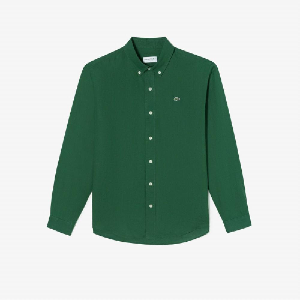 

LACOSTE Мужская однотонная льняная рубашка [Зеленый]