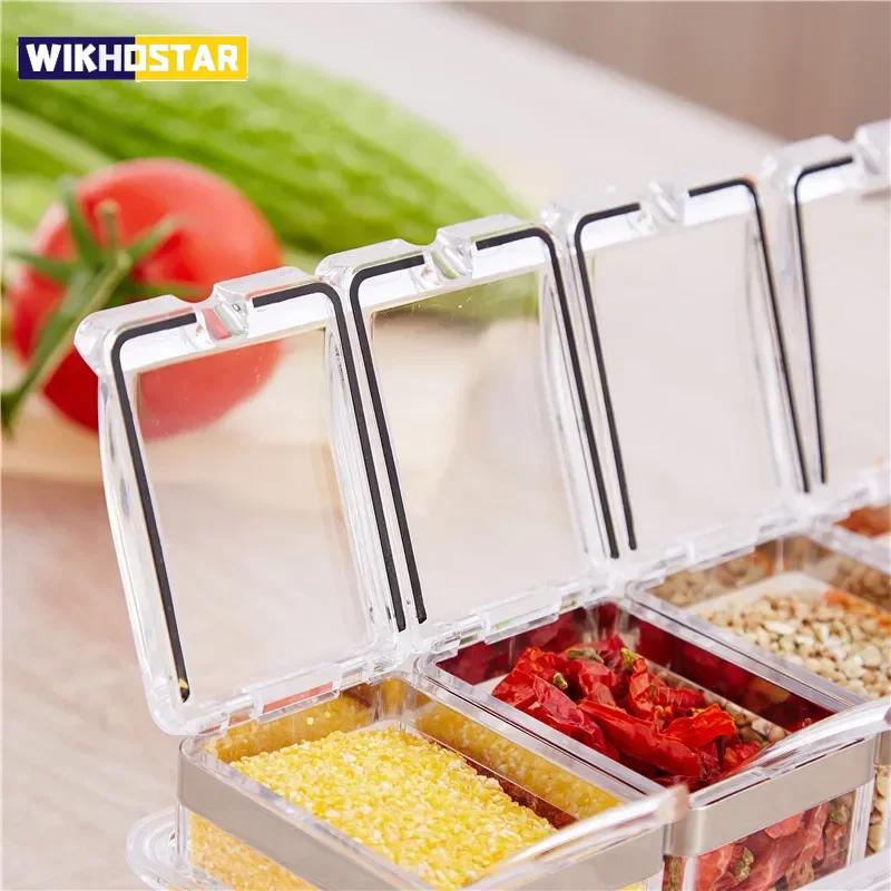 Pudełko na przyprawy z czterema przegródkami, kryształowy pojemnik do przechowywania z łyżeczką, pokrywką i podstawą do przechowywania, używane do soli, cukru i pieprzu
