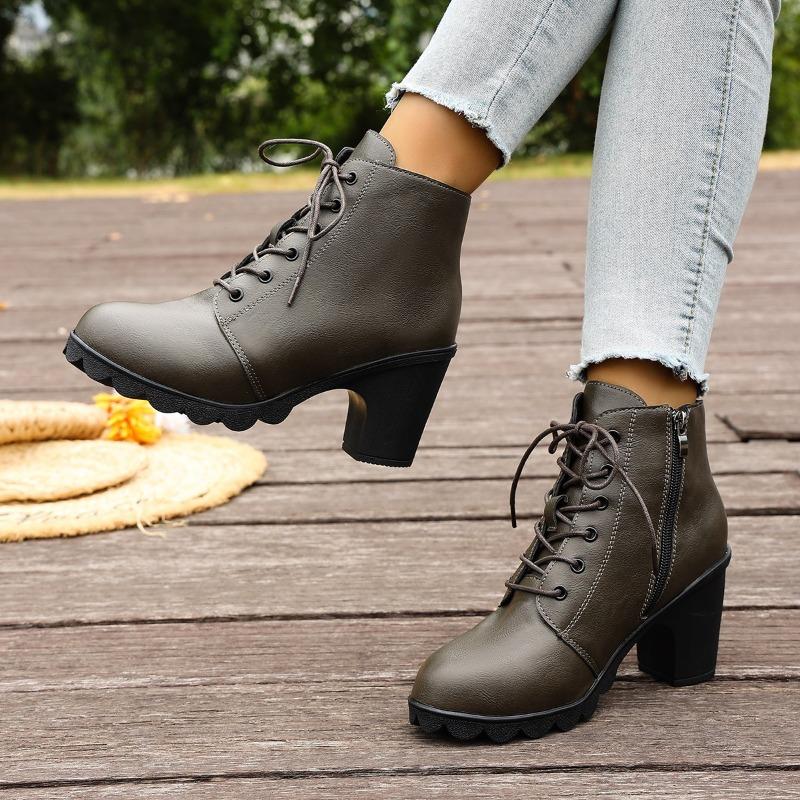 Women's Wide Width Chunky Heel Boots, Lace Up Ankle Booties Martin Style, European Thick Sole Winter Shoes for Women