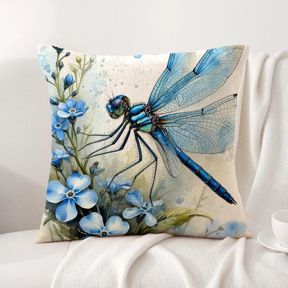 Watercolor Dragonflyflower Cushion Cover Natural Linen Organic Fabric DoubleSided Printing Sofa Home Decor Gift Pillow Cover