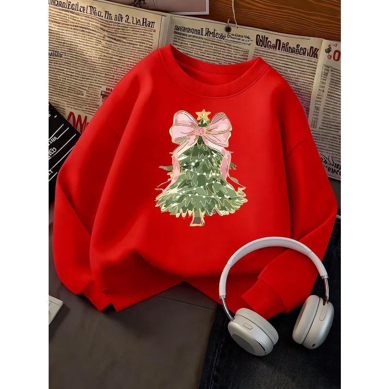 Kids Sweatshirt Round Neck Sweatshirt, Fashionable and Elegant Christmas Tree with Bow Pattern, Active Sweatshirt Top, Stylish  Print 110
