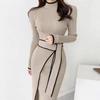 Korean Chic Autumn Winter Vintage Half High Collar Slimming Color Block Midi Knitted Dress Women's Belted Wrap Dress