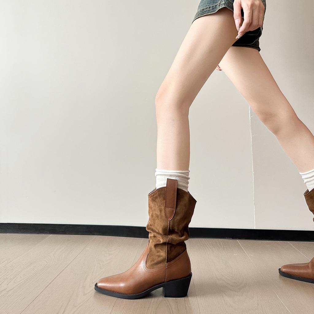 Maillard Knight Pile Pointed Boots Children 2025 Autumn and Winter New Coarse Heel Short Boots Medium Tube Retro Western Cowboy