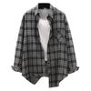 Women Plus Size Shirt with Long Classic Sleeves Single-breasted Collar Patch Pocket Loose Casual Plaid Shirt with Print Blouse