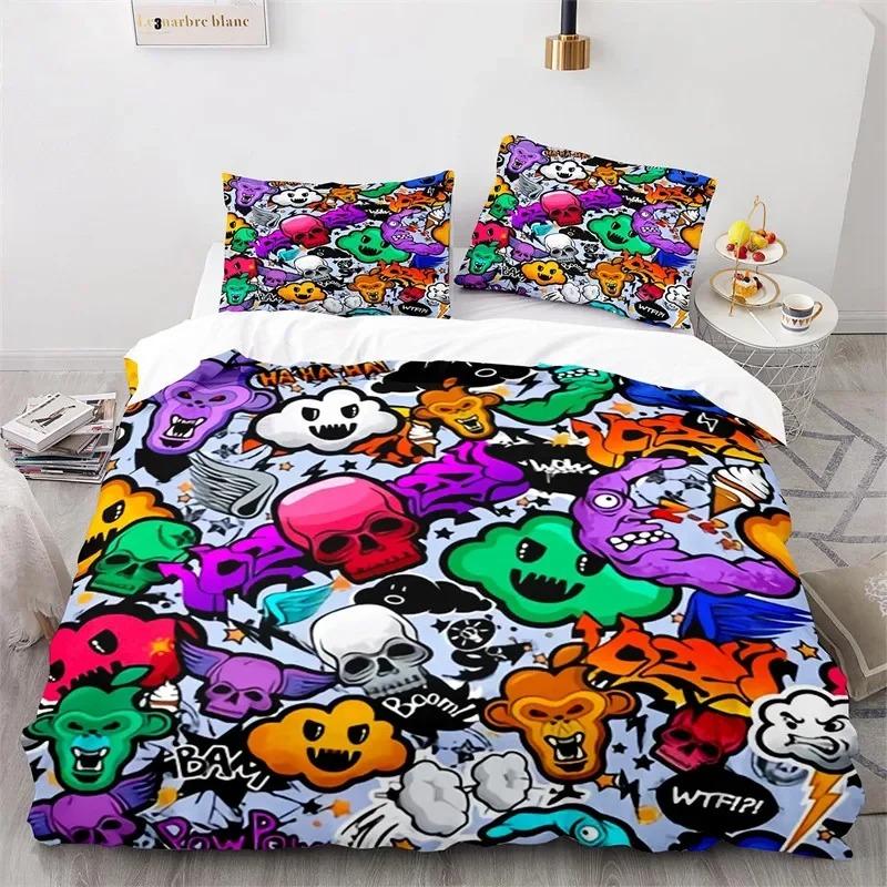 Set Copripiumino Graffiti King Set Biancheria da Letto Microfibra Hip Hop Moderno Street Art Copripiumino Per Bambini Ragazzi Decorazione Camera da Letto Giovani