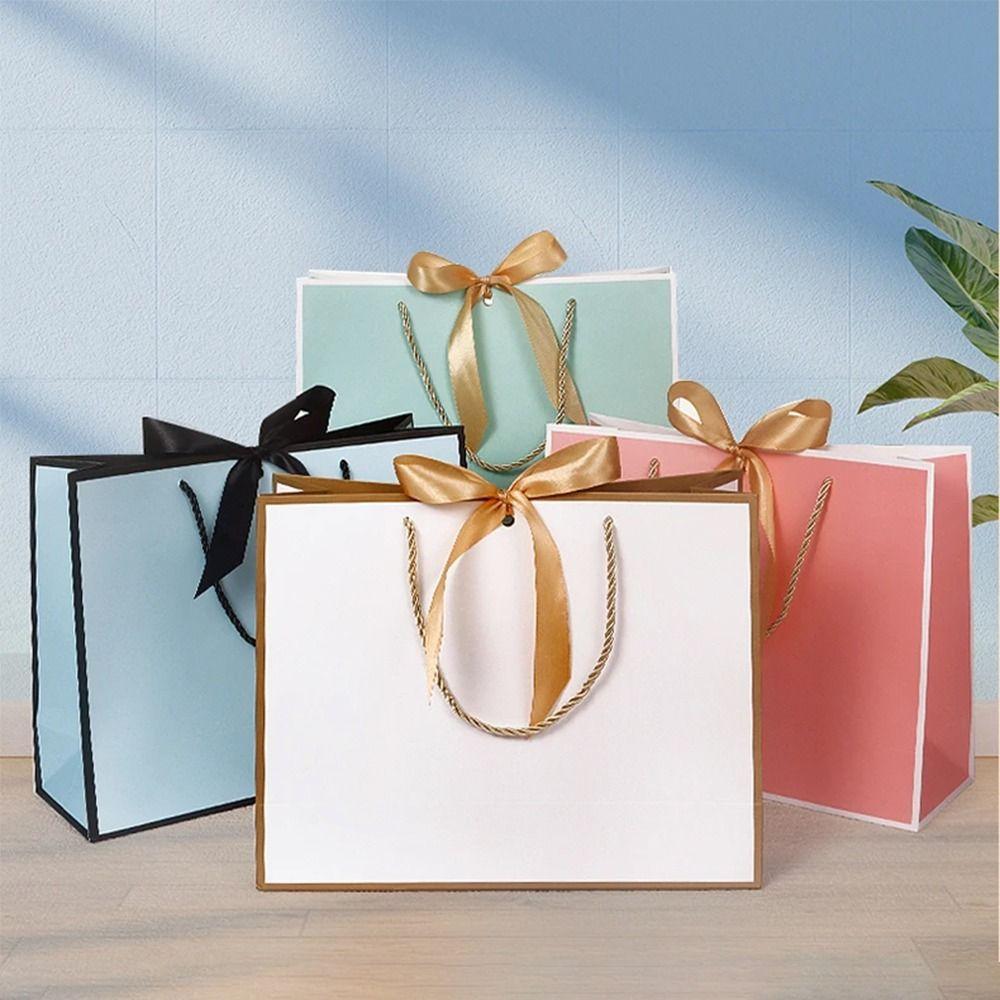 10Pcs Portable Gift Paper Bag Bow Ribbon Wedding Gift Bag Clothing Handle Bag  Celebration
