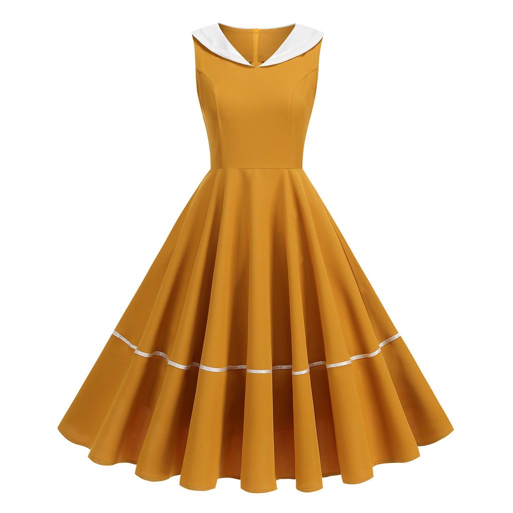 Retro Nautical-style Woven-strap Dress In a Hepburn-inspired Design, Featuring a Full Skirt and Mid-length Cut for a Sophisticated and Elegant Look