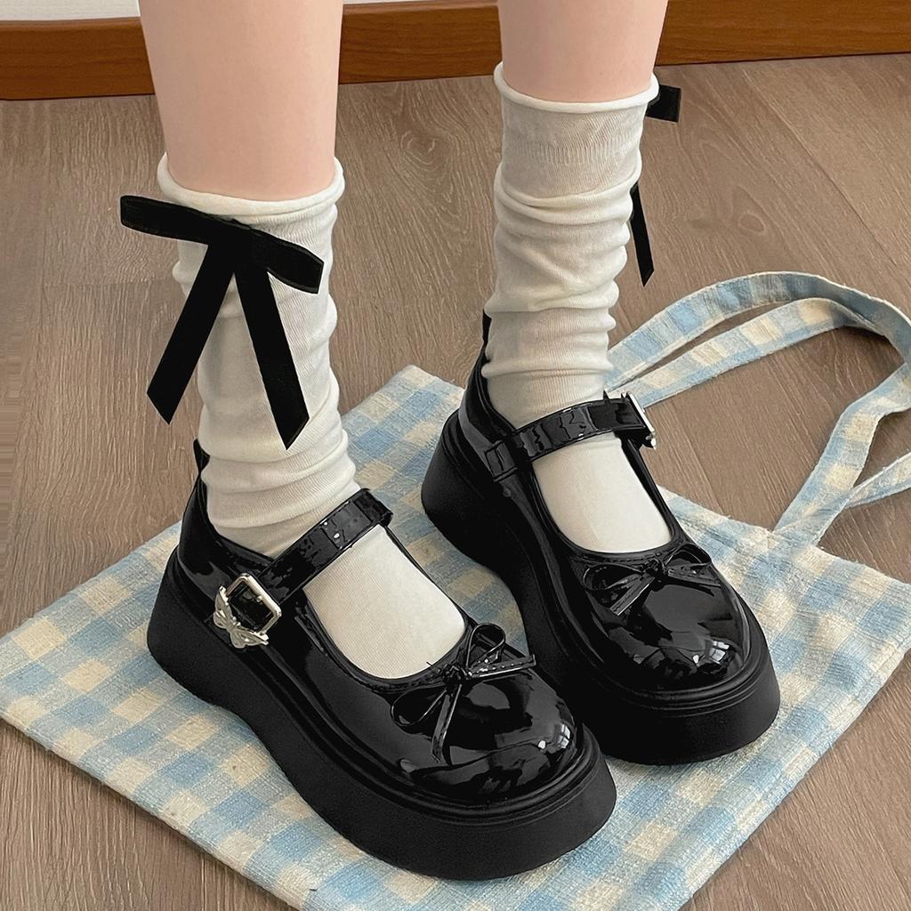 Black French round head shallow mouth platform single shoes women's summer 2025 new models with skirts to increase the height of soft soles Mary Jan