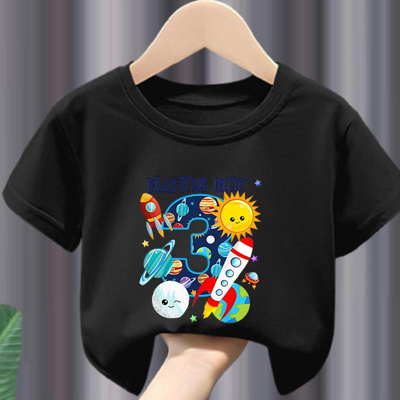 New Boys and Girls Clothing Outer Space Rocket Planet Printed Childrens Tshirt Birthday Round Neck Summer polyester fabric