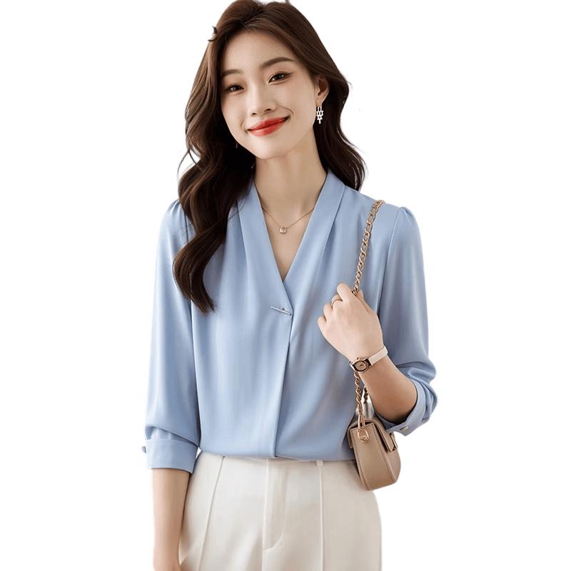 La Chapelle Women s V-Neck Short Sleeve Work Blouse L