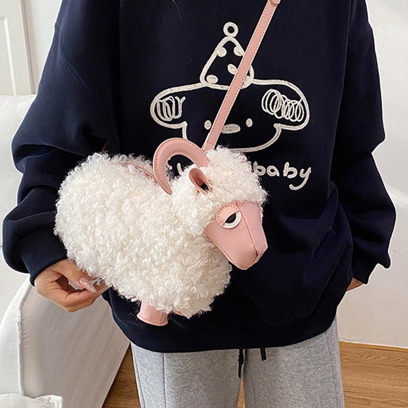 Lamb Shaped Plush Crossbody Bag Fluffy Curly Fur Texture With Faux Leather Details Kawaii Cartoon Style Women Cute Shoulder Bag