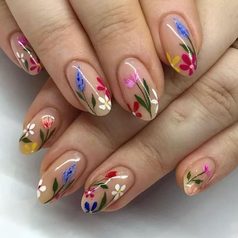 24Pcs Autumn Winter Matte Almond False Nails with Glue Rose Leaf Printing Nail Art Simple Full Cover Press On Acrylic Nails Tips