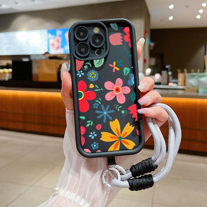 Wrist Chain Lanyard Phone Case for iPhone 11 12 13 14 15 16 Pro MAX XS Max XR 7 8 16 Plus Cute Flower Hand Strap Soft TPU Cover