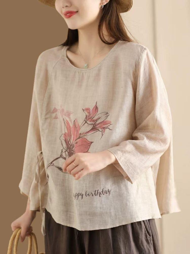 Vintage Floral Print Bandage Tops Women Blouses Chinese Style Seven Sleeve Spring Loose Shirts