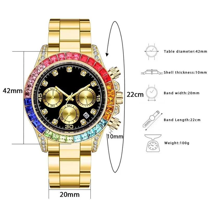Mode Herren Sportuhren Edelstahl Tag Datum Uhr Herren Luxus Farbige Diamanten Kalender Quarz Armbanduhr Hip Hop Uhr