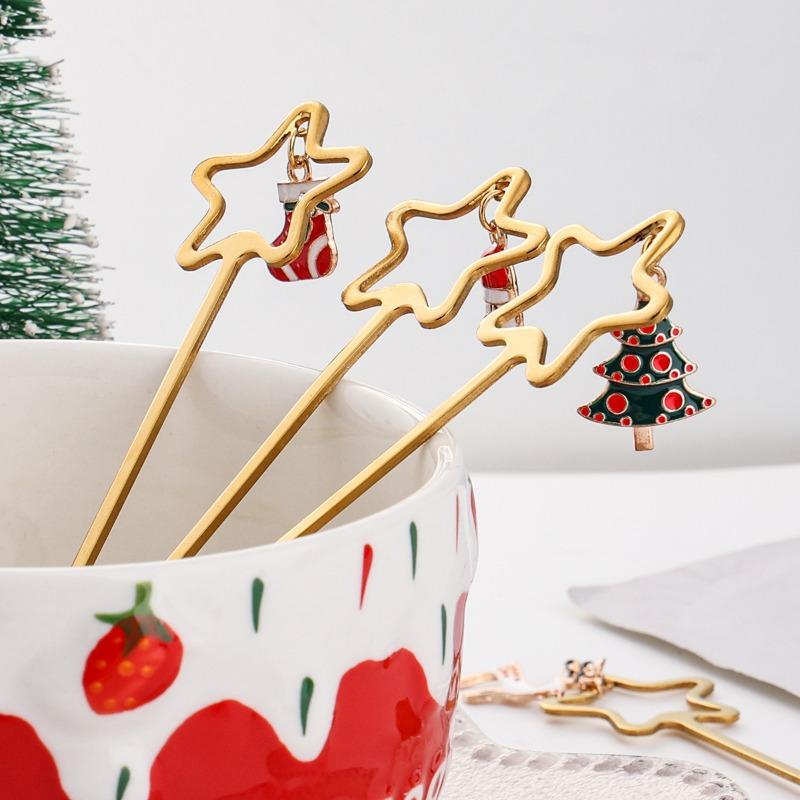 HANYANG Christmas Stirring Spoon Dessert Fork Christmas Eve Gift Gold Fruit Fork Five-pointed Star Christmas Tree Small Fork