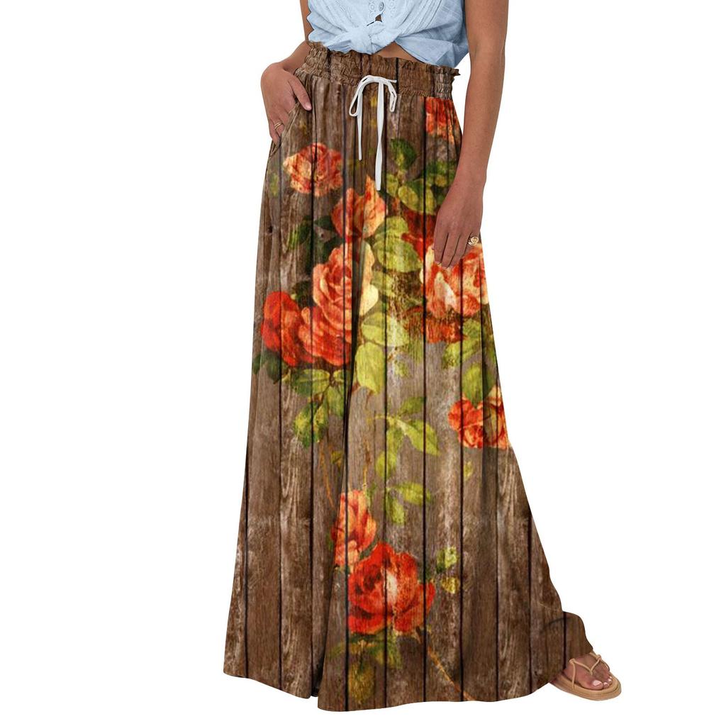 Pantalon Palazzo taille haute pour femmes, jambes larges, décontracté, fluide, imprimé Floral, pantalon de plage avec poche, été