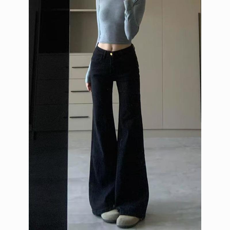 Autumn Winter High Waist Casual Fashion Elastic Flare Jeans Women Vintage All-match Wide Leg Denim Pants Trousers