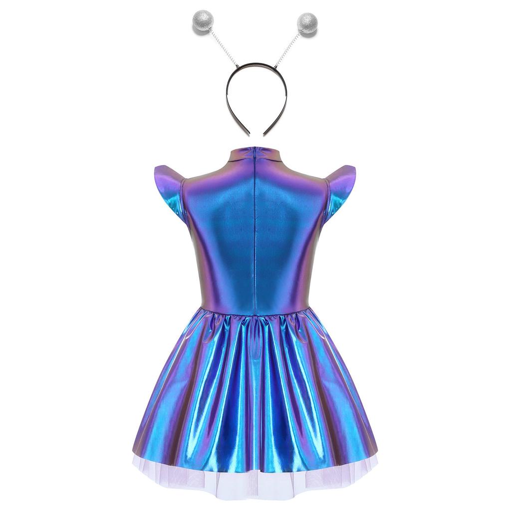 Girls Stage Performance Alien Costume Set: Glossy Mock Neck Dress with Ruffled Tutu & Flying Sleeves, Complete with Hair Hoop