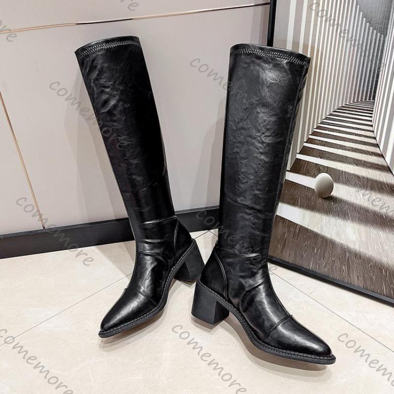 Fashion Comemore Black Thick Heels Knee High Boots for Women Autumn Winter Pu Leather Long Boots Woman Slip On Pointed Toe Botas Mujer