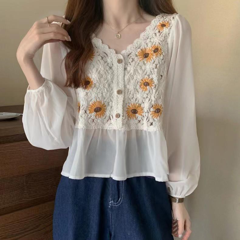 Spring Summer Crochet Top Chiffon Flower Embroidery Daisy Long Sleeve Button Front Fake Two-Piece Blouse