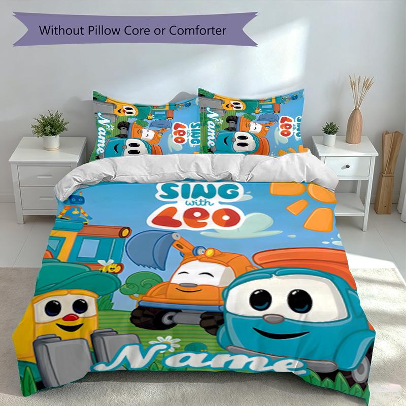 Set 3 Pezzi Camion Leo con Nome Personalizzato, Include 1 Copripiumino e 2 Federe, Arredo Camera da Letto per Tutte le Stagioni