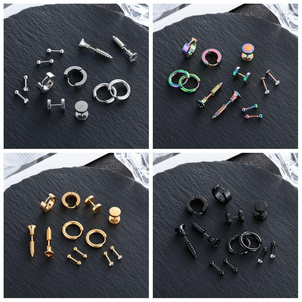 Piercing Jewelry Stainless Steel Earrings Set Black Dumbbell Stud Hoop Earrings Tragus Earrings