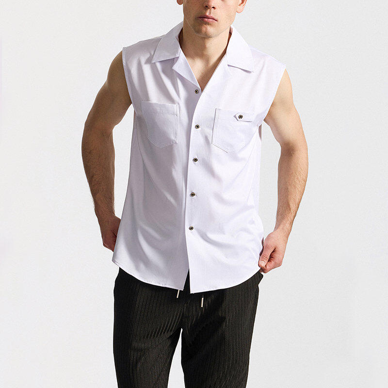 Men's Sleeveless White Shirt Summer Casual Breathable Collared Top Double Pocket Male Blouse