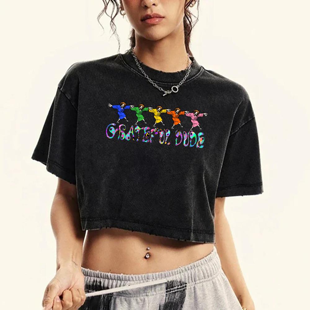 5 Colorful Men Dancing Printing Washed Tee Shirt Women Cotton Casual T Shirts Fashion Summer Clothes Street Crop Top