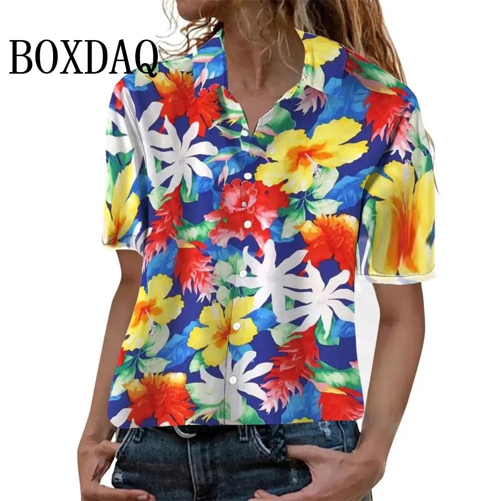 

Summer Fashion Women s Blouse Artistic Hawaiian Palm Tree Print Short Sleeve Lapel Casual Button Shirt Tops Women Hawaiian Shirt M