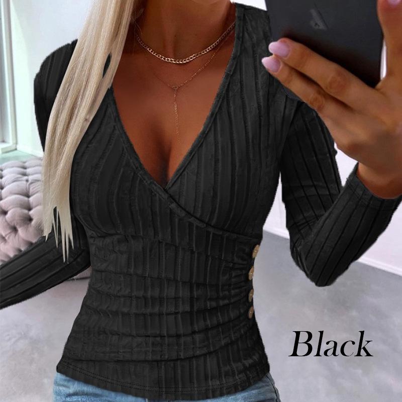

2025 Autumn Women s Ribbed V-neck Knitted Pullover Long Sleeve Slim Fit T-shirt XL чорний