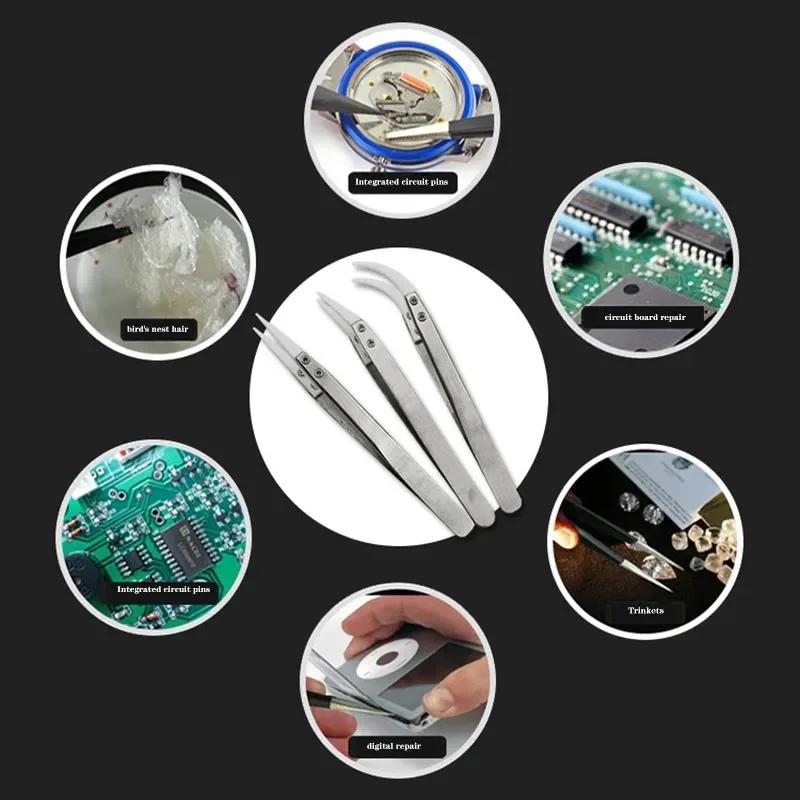Silver Handle Ceramic Stainless Steel Tweezers with Multifunctional Anti Magnetic and Anti Acid Precision EDC Small Tool