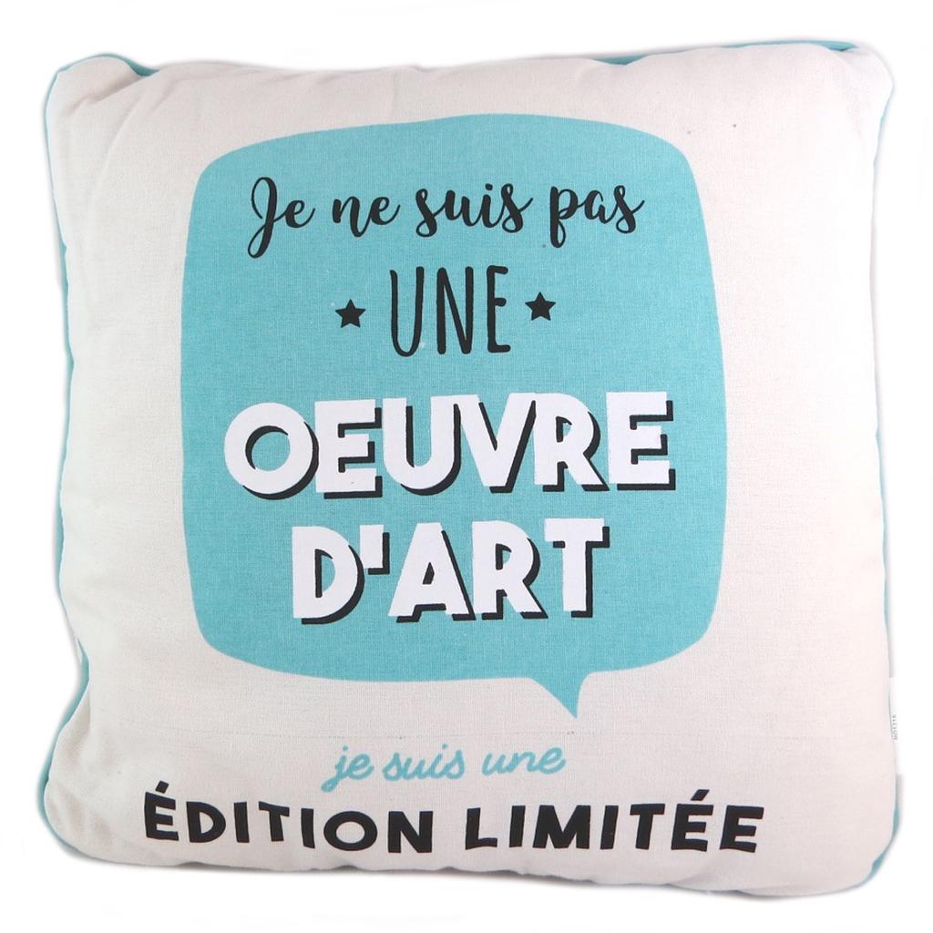 Les Trésors De Lily [Q0444] - Designer Cushion 'Messages' Turquoise Beige (I Am Not a Work of Art I Am a Limited Edition) - 35 Cm