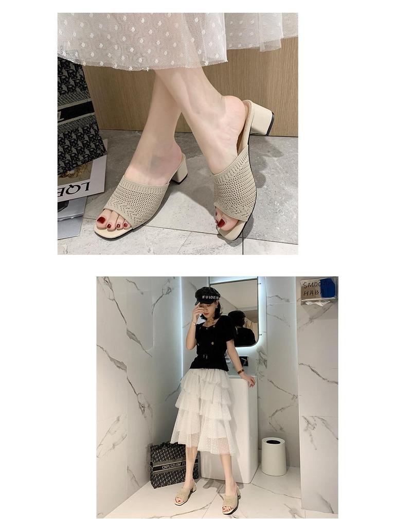 Women's Summer Fly-Knit Mid-Heel Slide Sandals in Korean Style