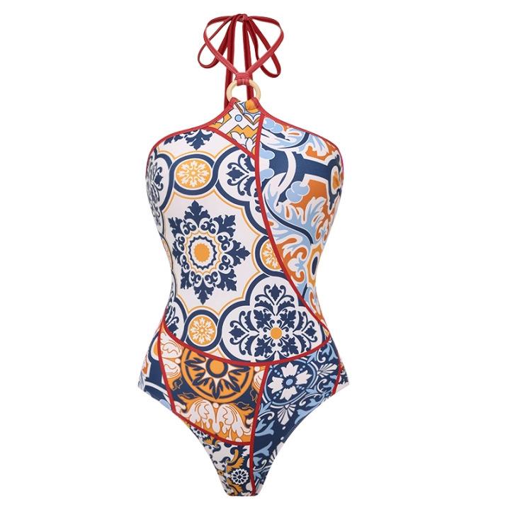 European and American swimwear halter and backless pattern printed one-piece swimsuit set for women S