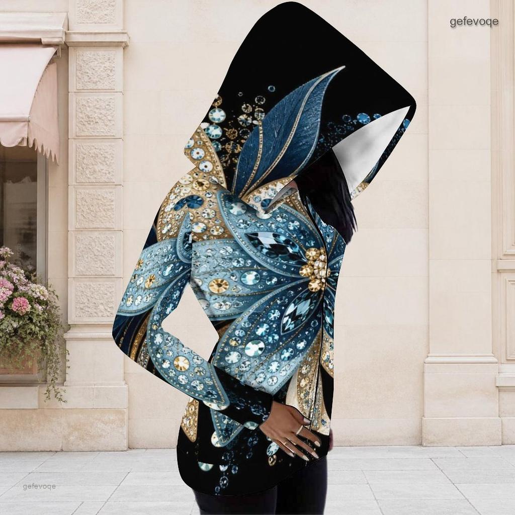 Women Plus Size Asymmetric Cutout Neck Long Sleeve Geometric Printed Fitted Hooded Shirt