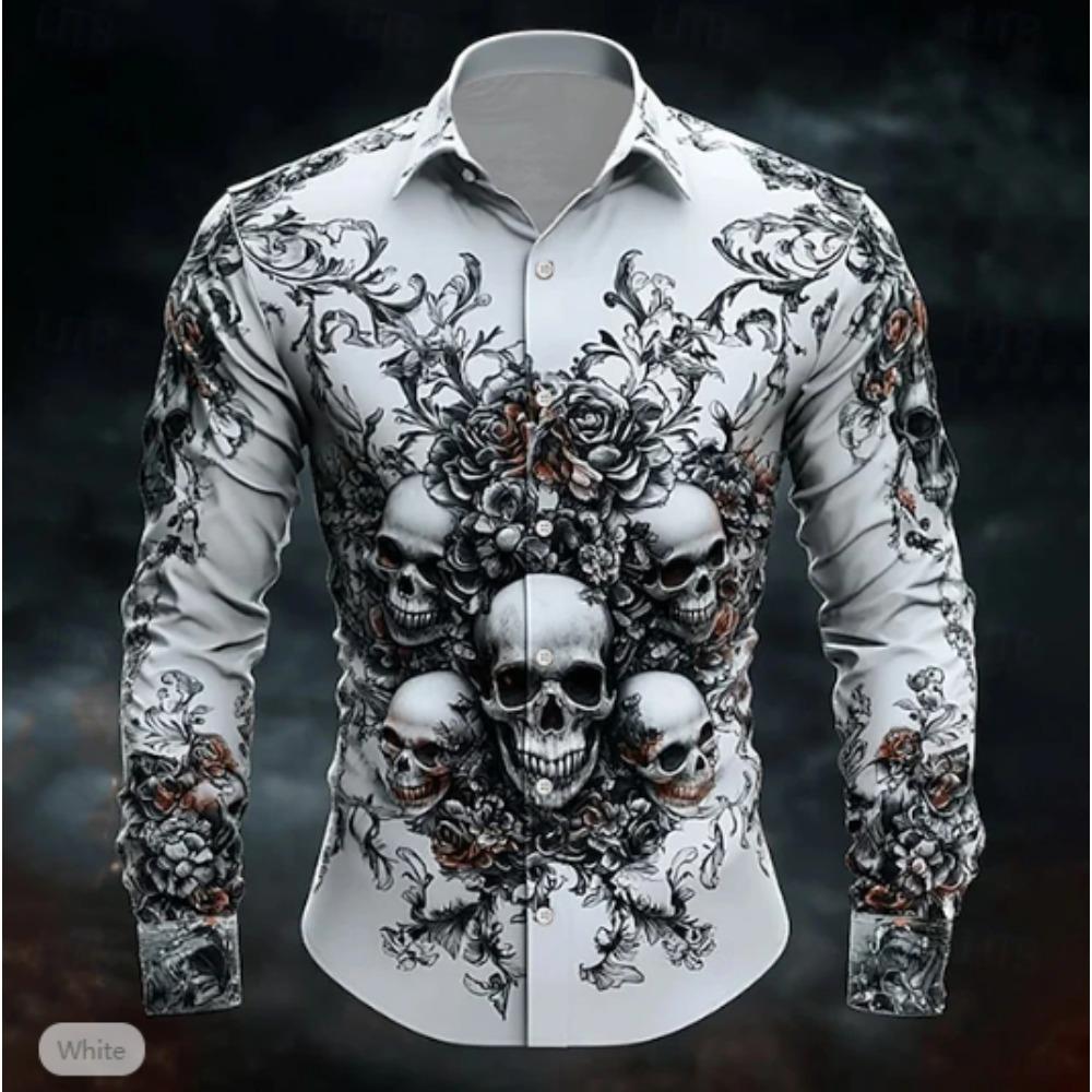 Men's Skull Printed Long Sleeve Shirts Casual Cardigan New Button Holiday Fashion Shirts