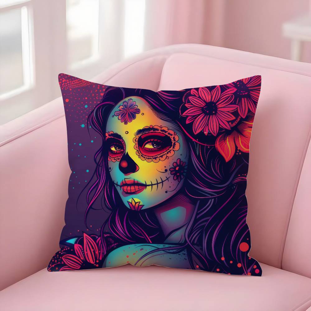 Poszewka na poduszkę Dziewczyna Cukrowa Czaszka Halloween Krótki plusz Dwustronny nadruk Kwadratowe poszewki na poduszki dekoracyjne Sofa Domowa Dekoracja poduszką