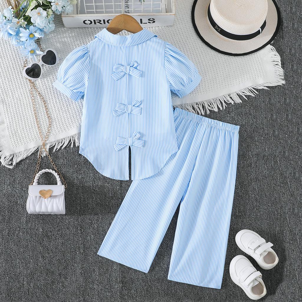 Girls' Clothing Blue and White Striped Two-Piece Shirt Set Girls' Striped Shirt + Wide-Leg Pants