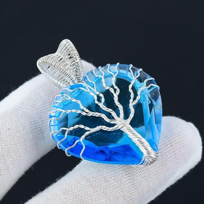 Schweizer Blautopas-Anhänger Lebensbaum, 925er Sterlingsilber, drahtgewickelter Anhänger, Blautopas-Edelstein, Silber, handgefertigter Anhänger, Halskette als Geschenk