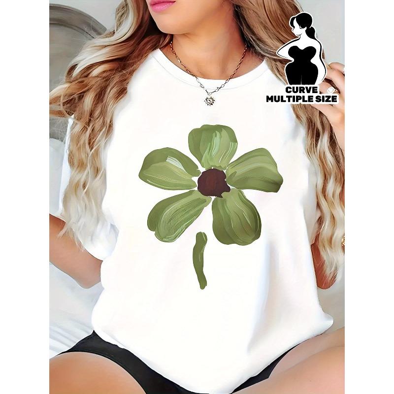 

European sizes Plus Size Women s Casual Loose Fit T-Shirt - White with Green Geometric Floral Print, Short Sleeve Round Neck Summer Top 4XL