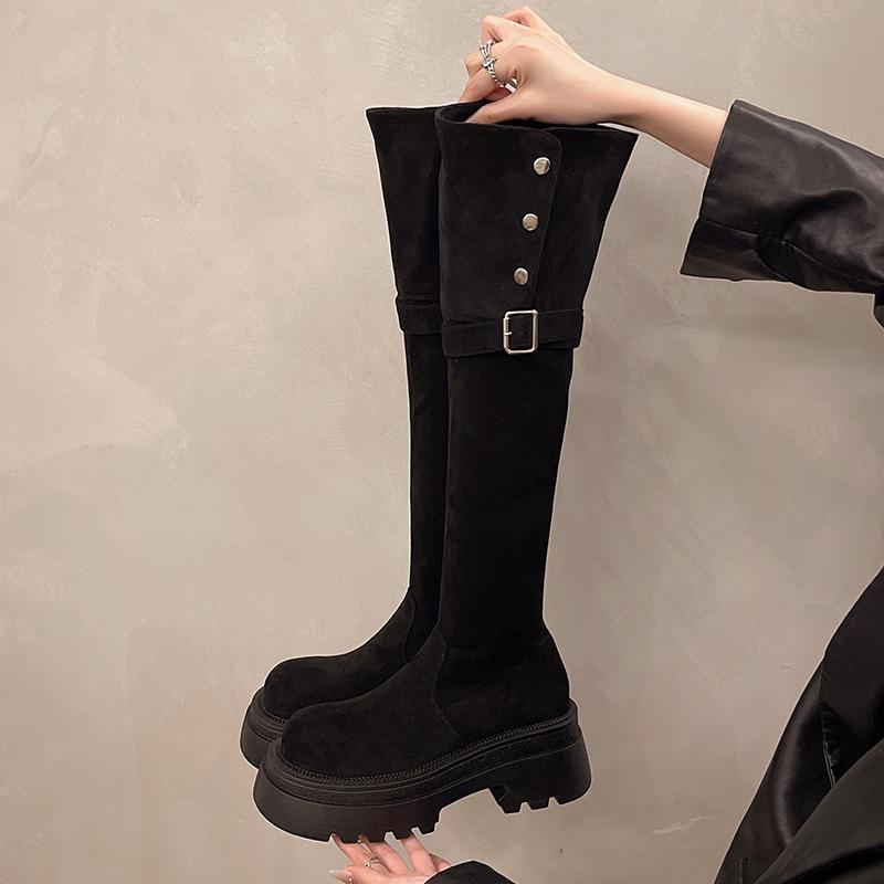 Nischen-Designgefühl zwei Tragevarianten 2025 Herbst und Winter neue Wildleder-Plateau-Stiefel Maillard hohe Kniestiefel Damen