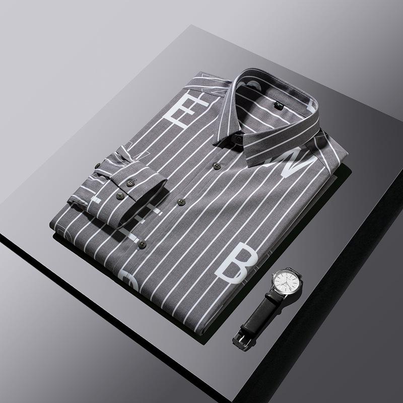 High-End 2026 Striped Long-Sleeve Digital Print Shirt M серый
